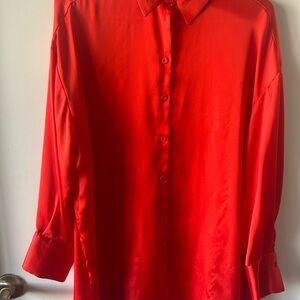 Zara Red Satin Oversized Button-Up Blouse ❤️ Valentine’s Day Chi